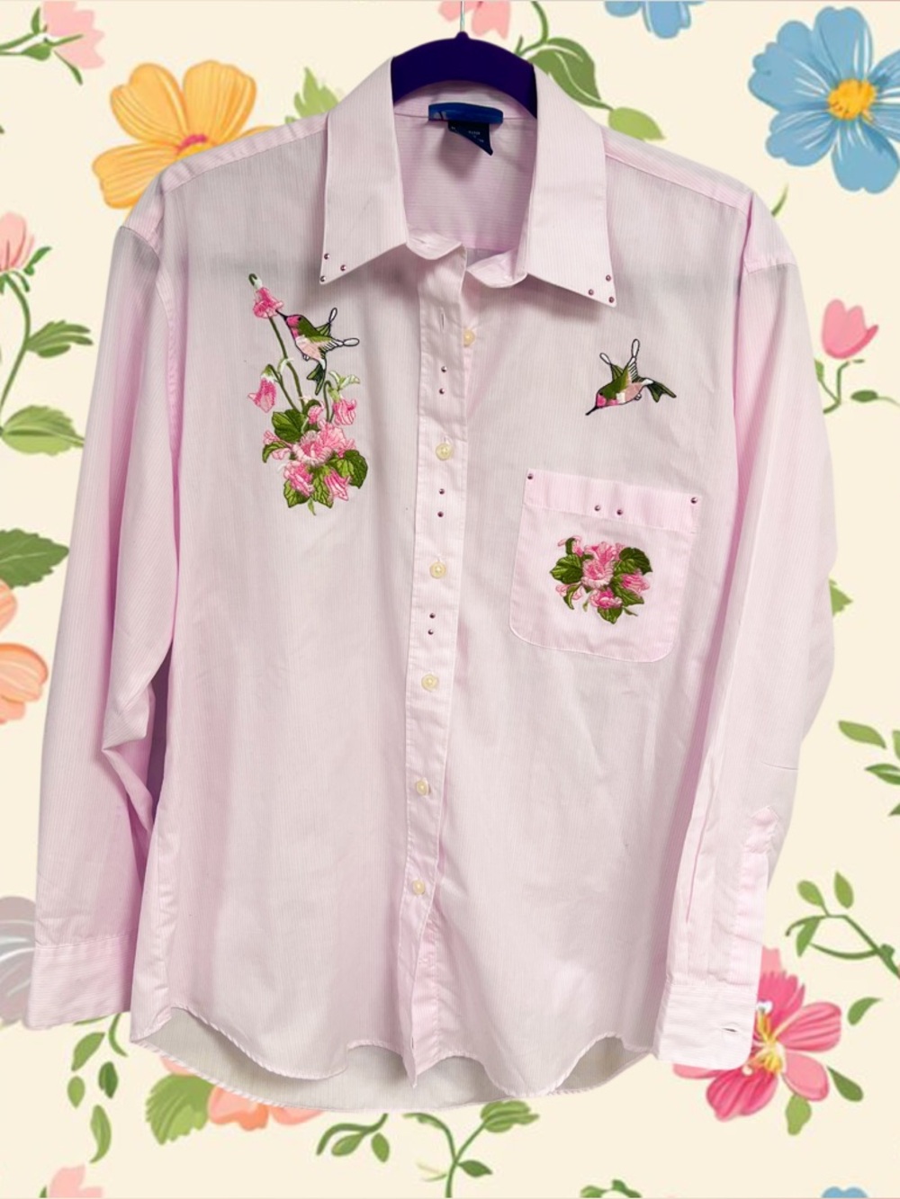 Vtg Los Olas pink and white striped button up with embroidered hummingbirds